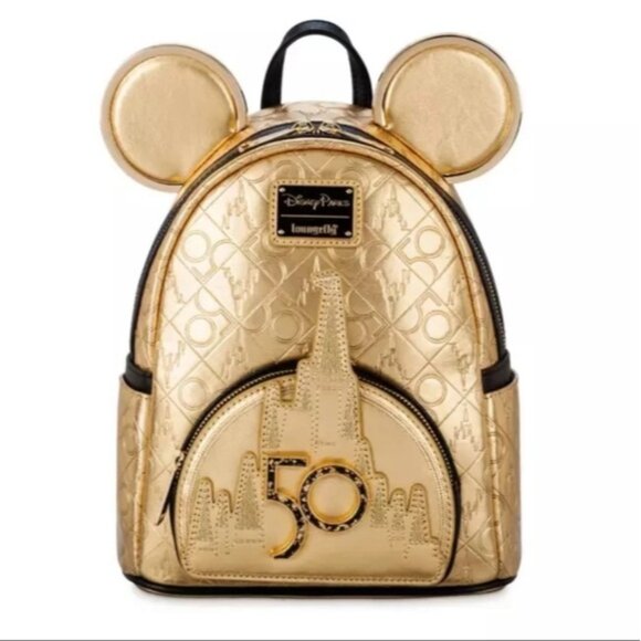 NWT Loungefly Disney World 50th Anniversary Gold Mini Backpack
